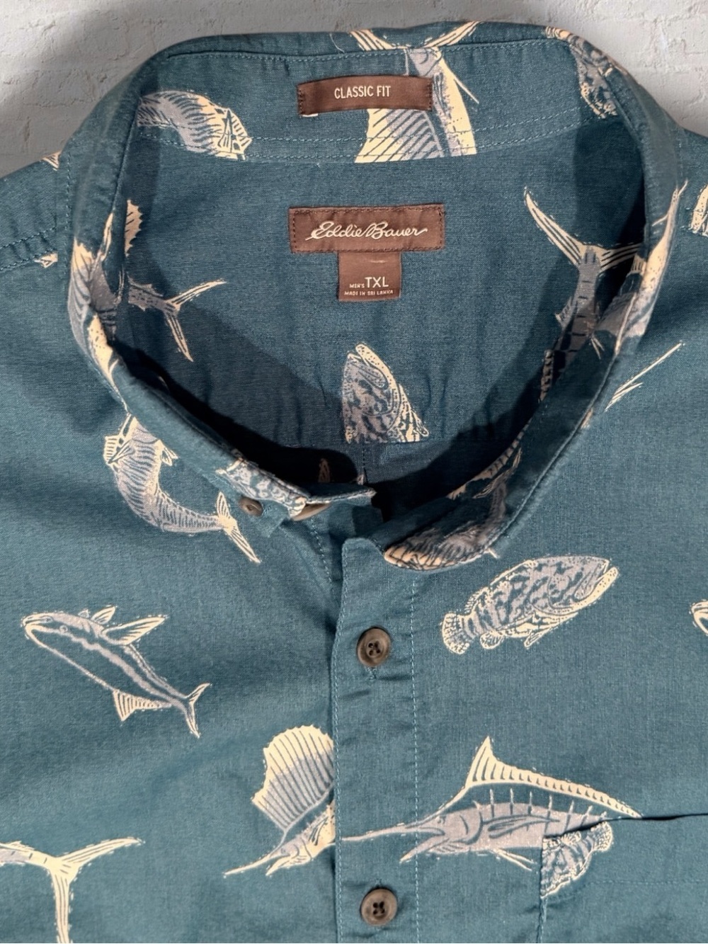 Teal blue short sleeve button-front shirt allover fishing / coastal fish print